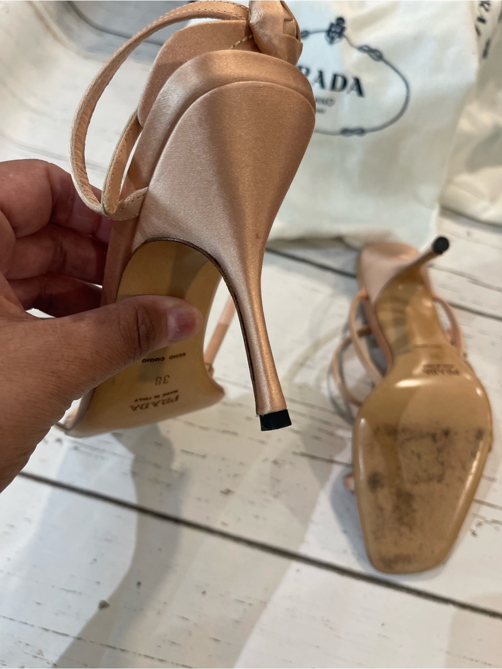 Prada Vintage Satin Floral Strappy Heels Blush Nude Size 38 Made in Italy - Picture 3 of 7